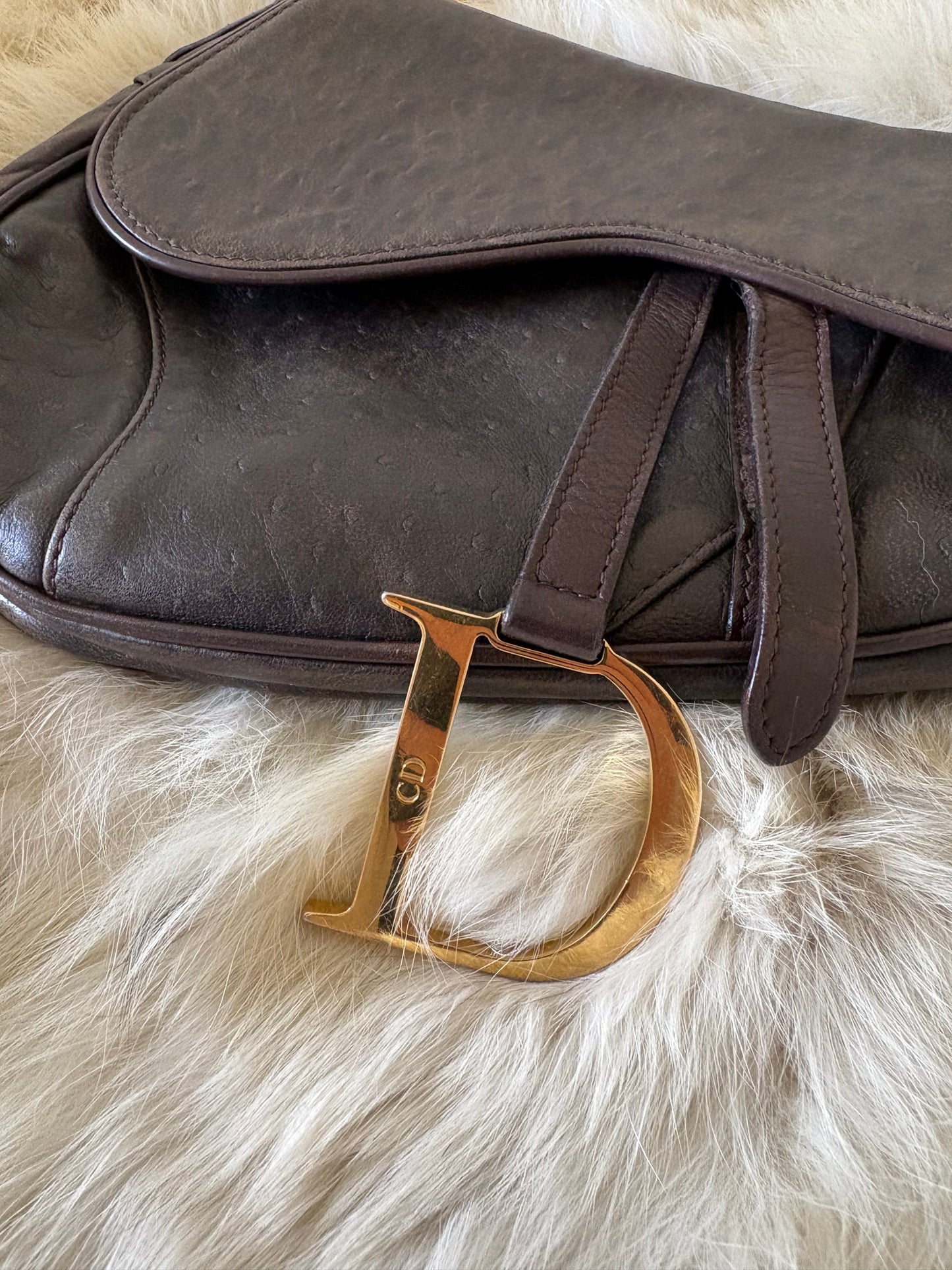 Dior Brown Ostrich Leather Saddle Bag