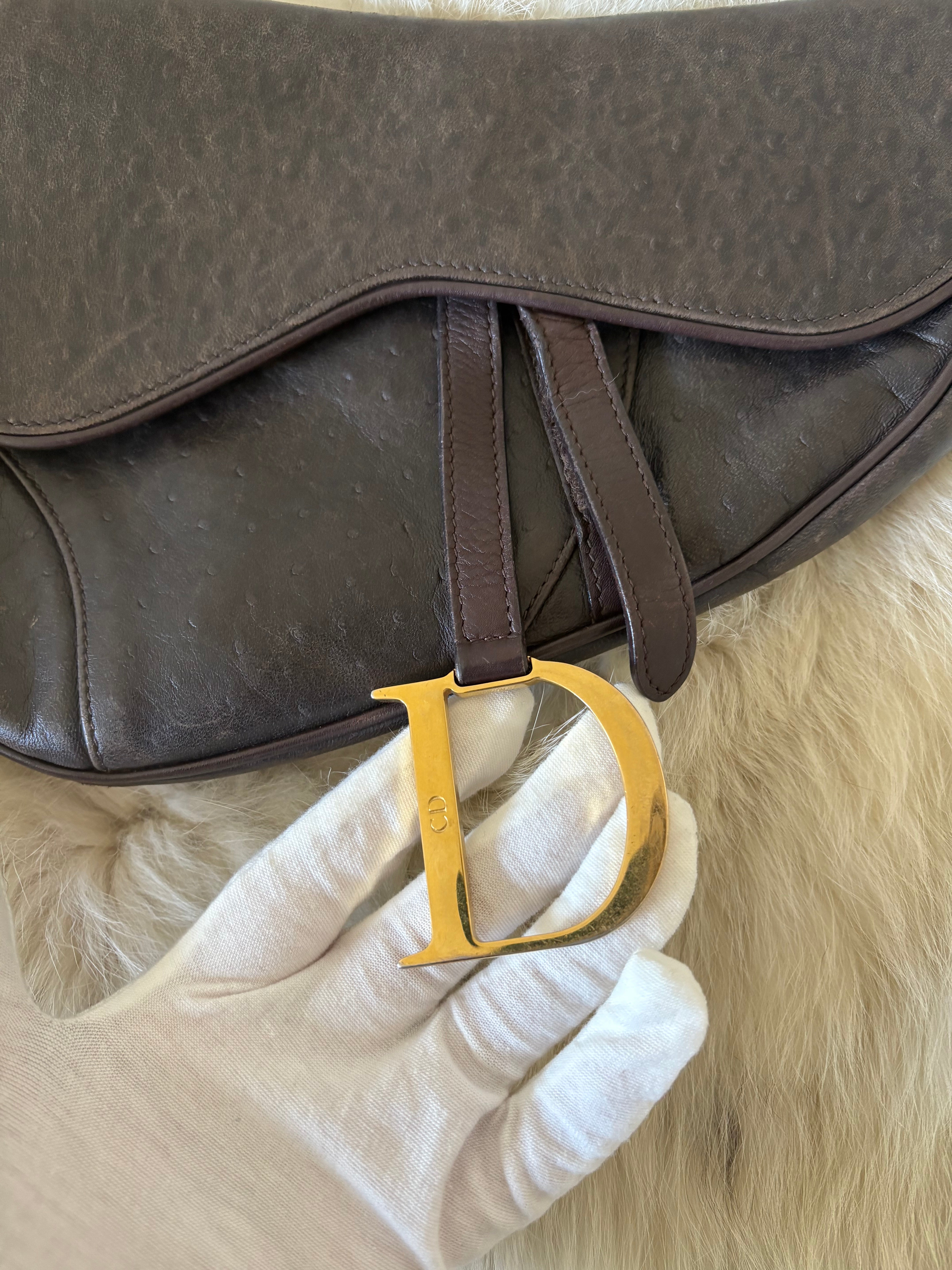 Dior Brown Ostrich Leather Saddle Bag