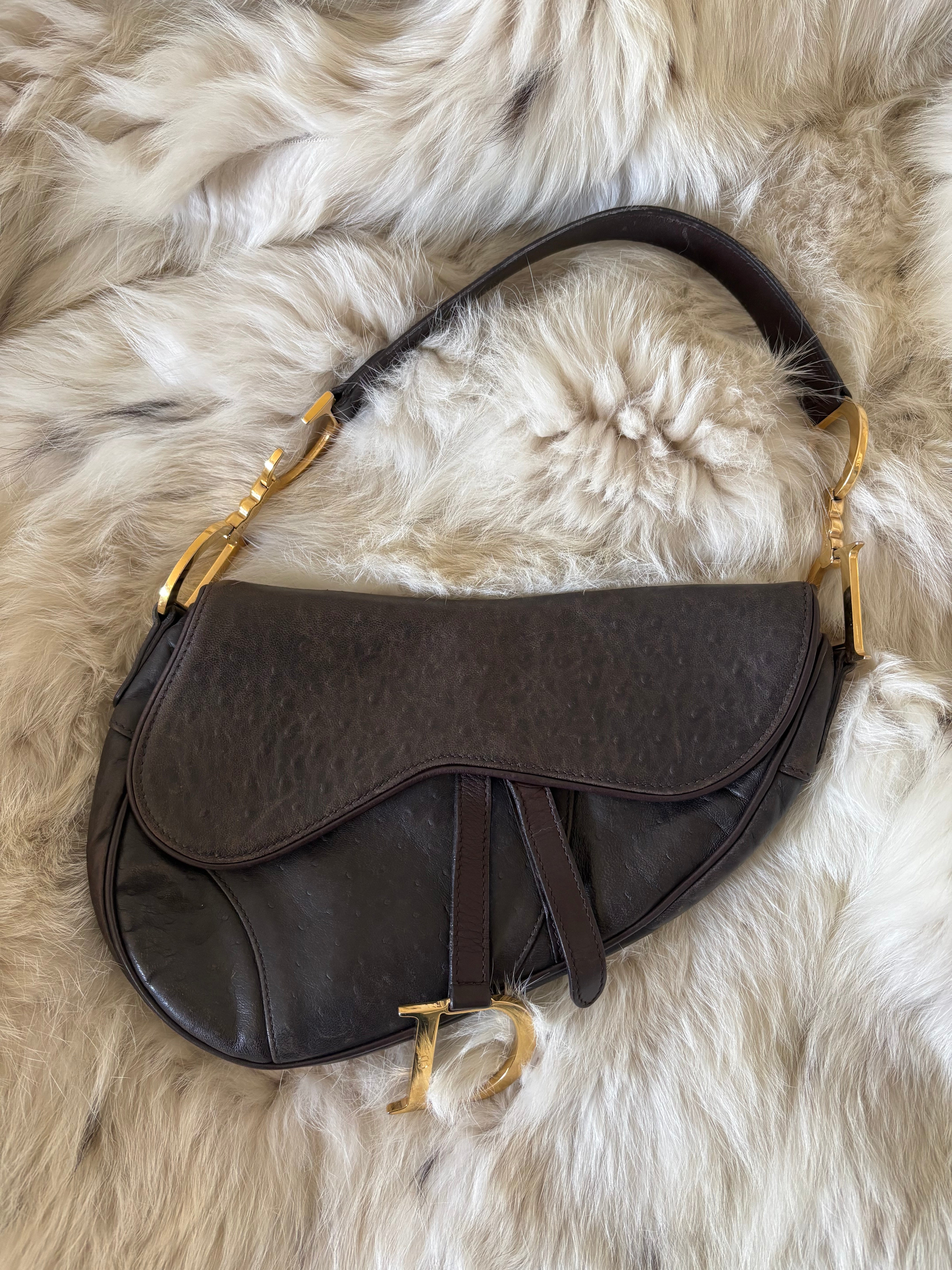 Dior Brown Ostrich Leather Saddle Bag
