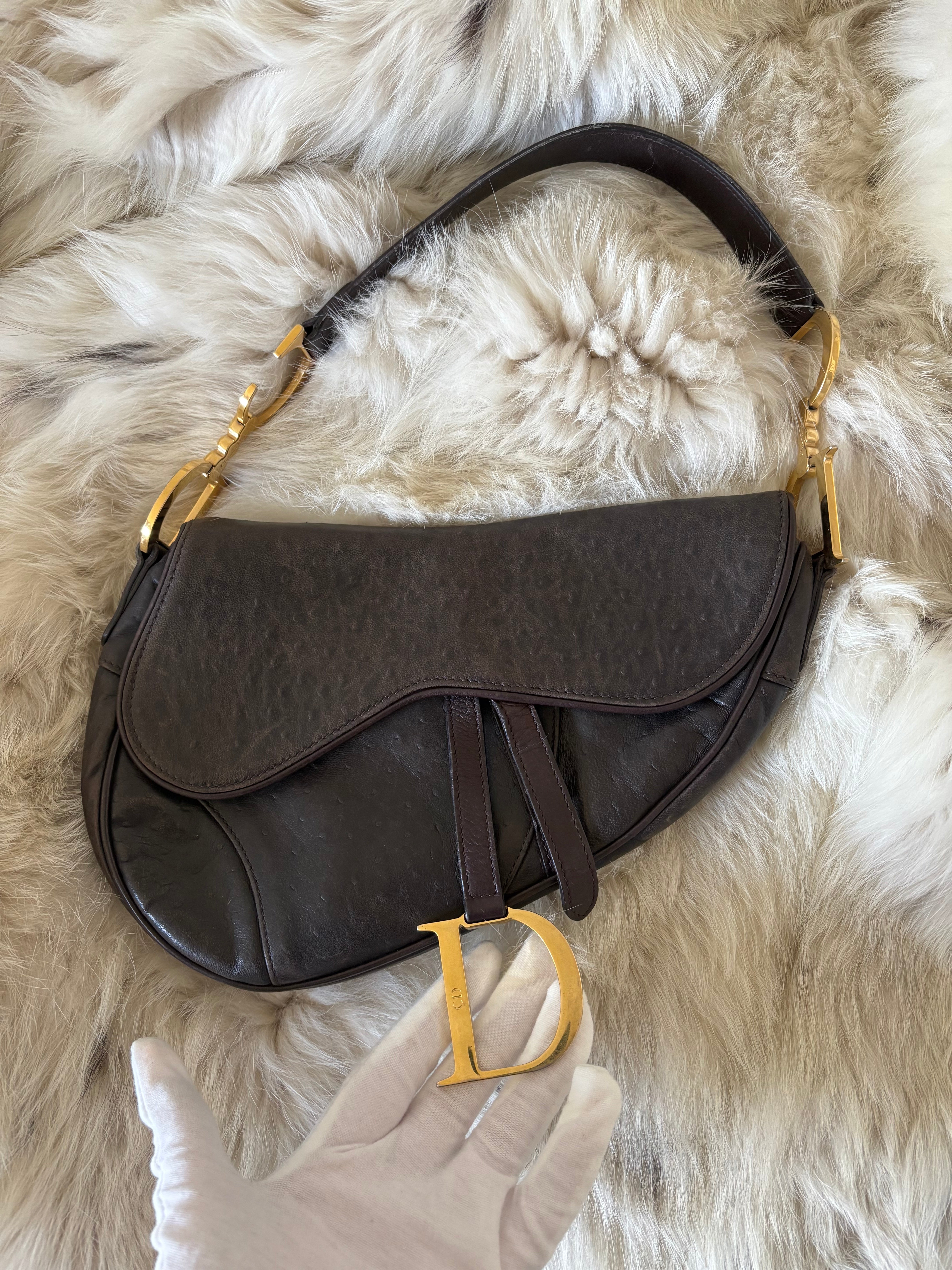 Dior Brown Ostrich Leather Saddle Bag