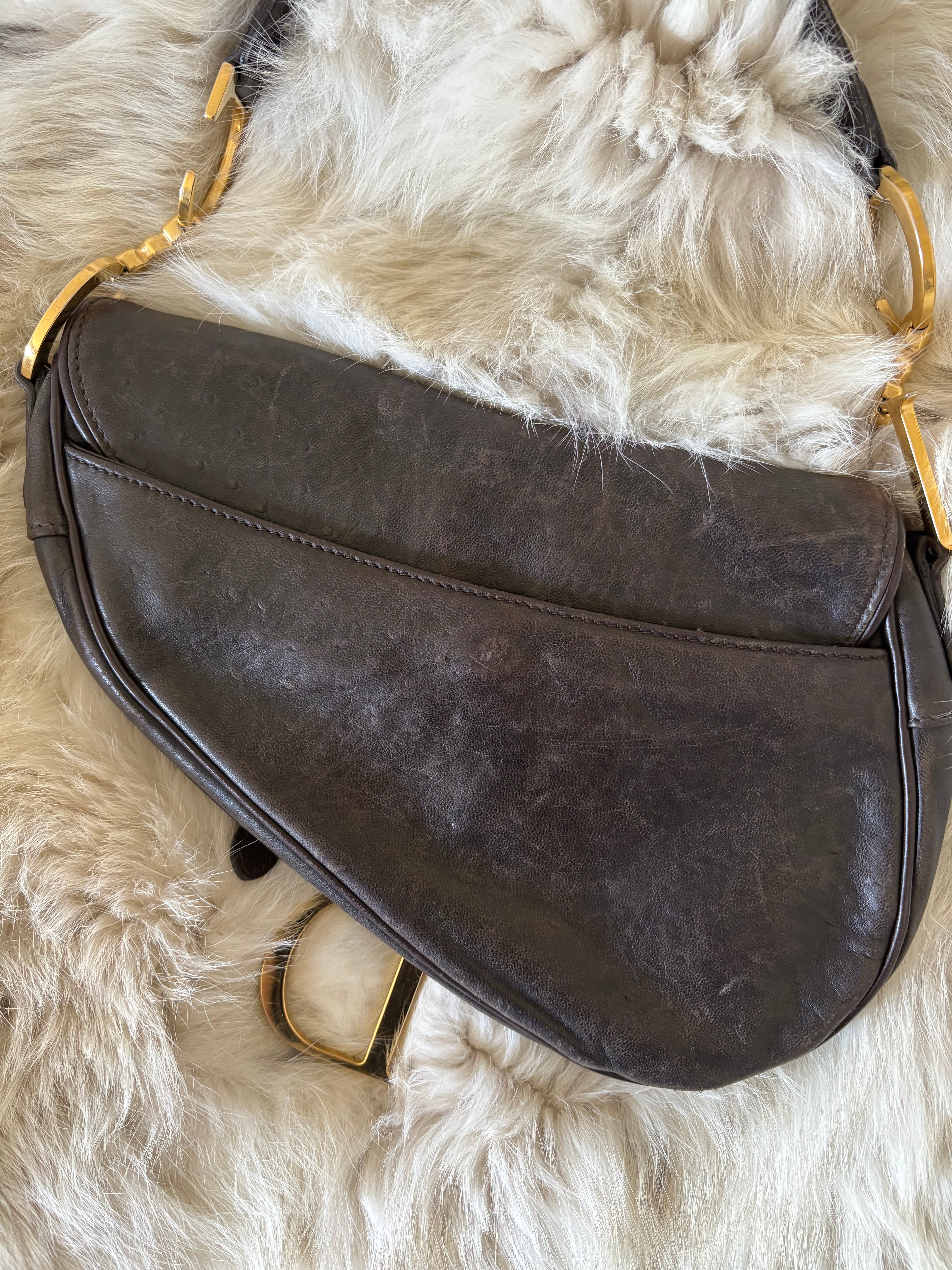 Dior Brown Ostrich Leather Saddle Bag