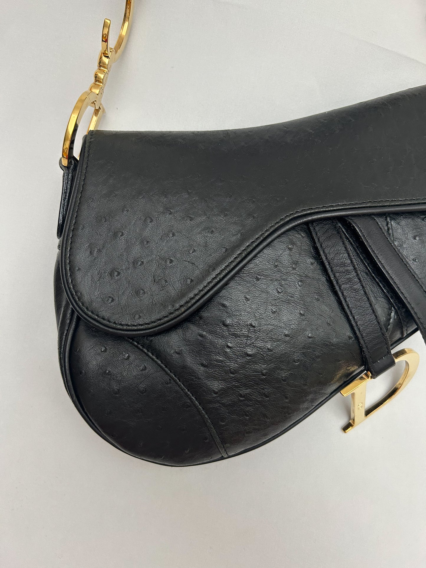 Dior Black Ostrich Leather Saddle Bag