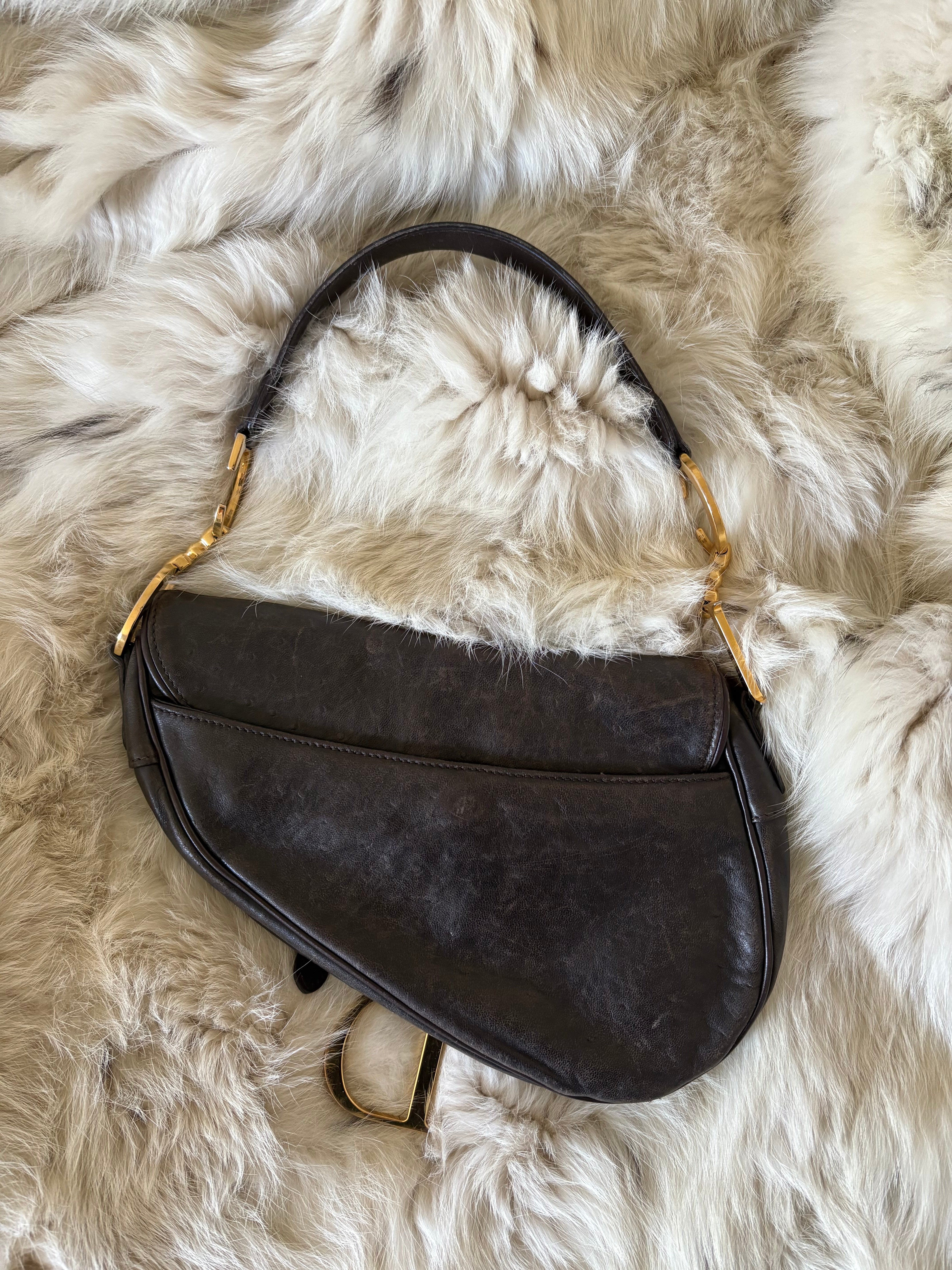 Dior Brown Ostrich Leather Saddle Bag