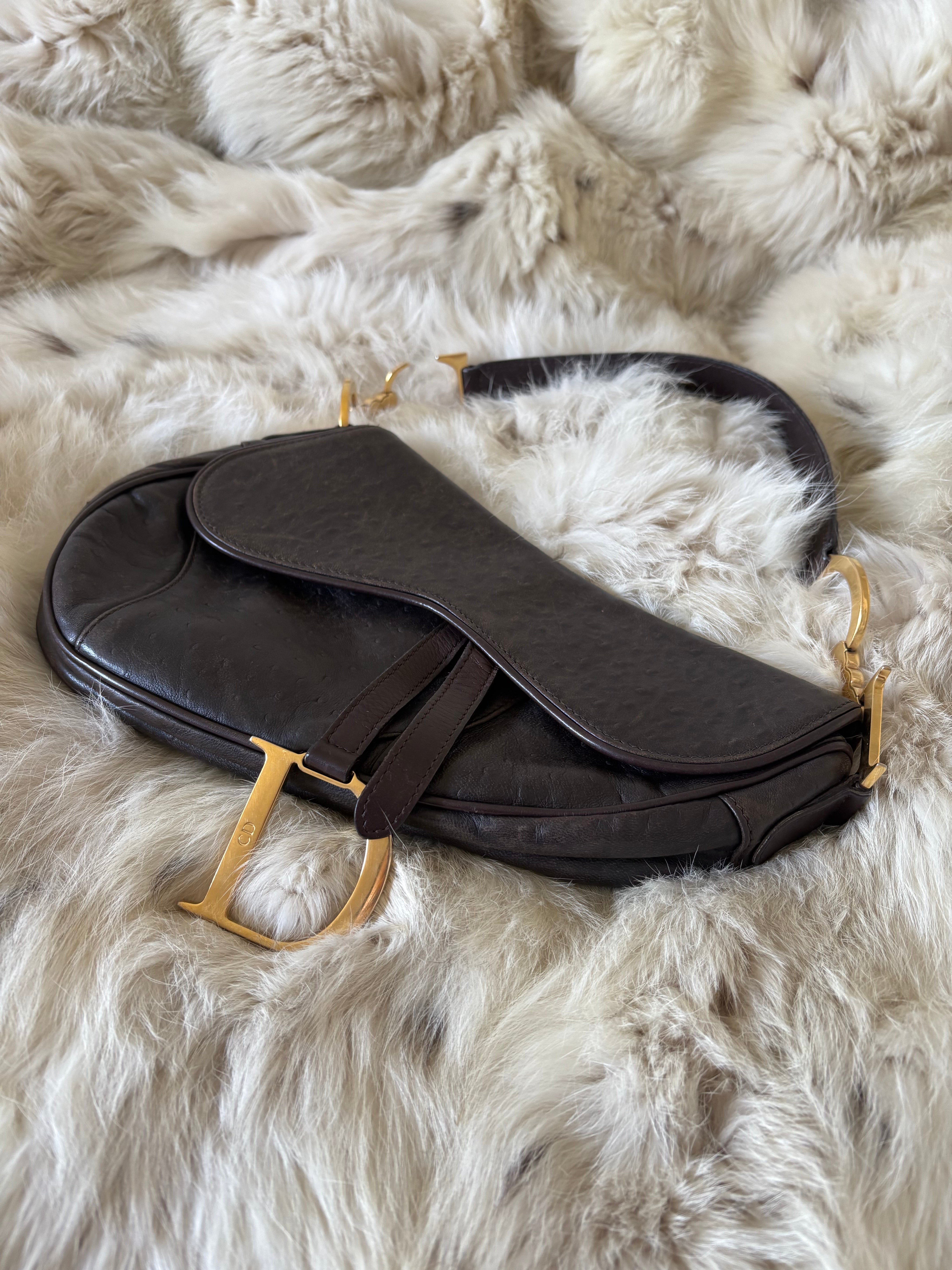 Dior Brown Ostrich Leather Saddle Bag