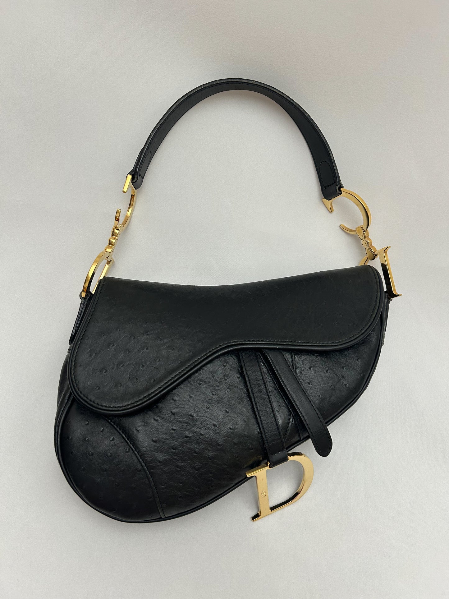 Dior Black Ostrich Leather Saddle Bag